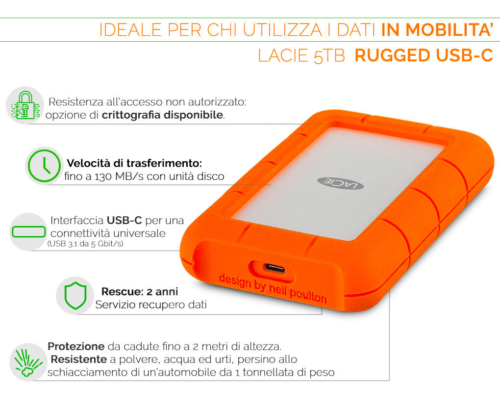 LaCie Rugged USB-C hd ideale per chi utilizza i dati in mobilità